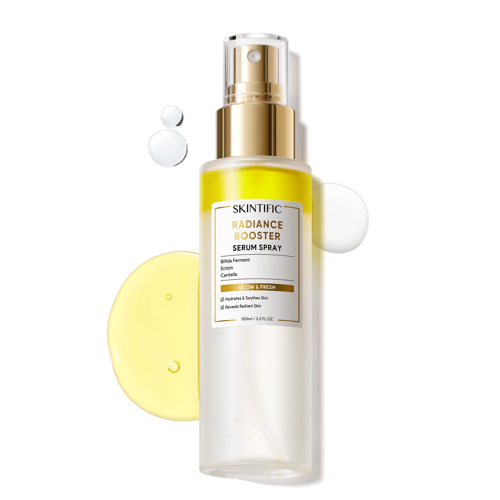 Skincare serum spray bottle with yellow liquid on a white background