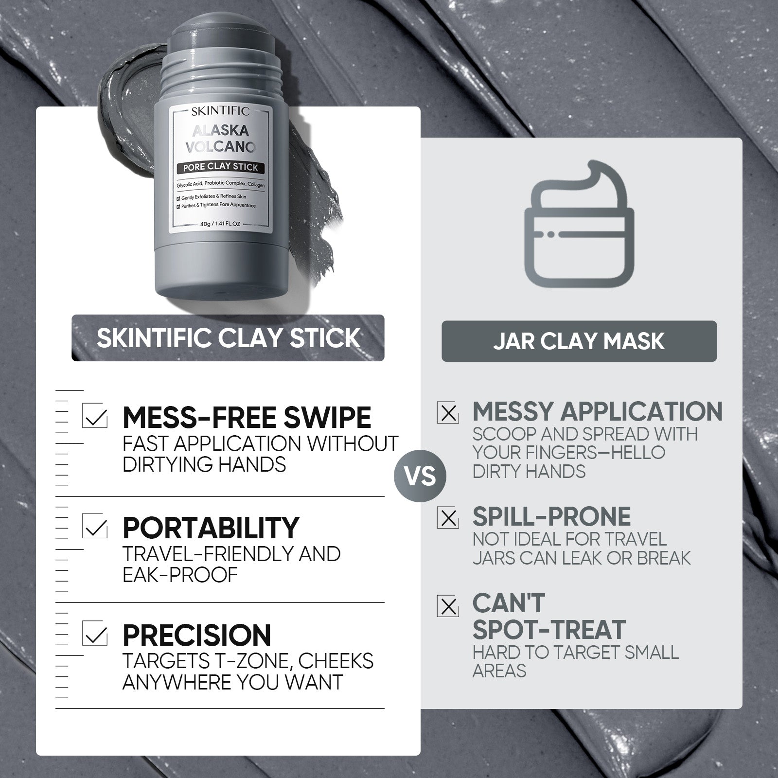 SKINTIFIC clay stick versus jar clay mask with mess-free swipe portability and precision
